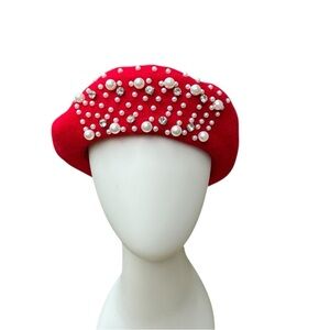 Elegant Red Pearl-Embellished Beret